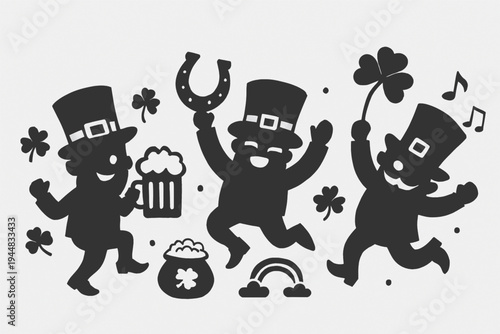 Leprechaun silhouettes set with happy dancing   Leprechaun with holding Beer, clover, horseshoe, shamrocks and lucky charms Irish festive celebration for background, banner, card, ads, print, textile