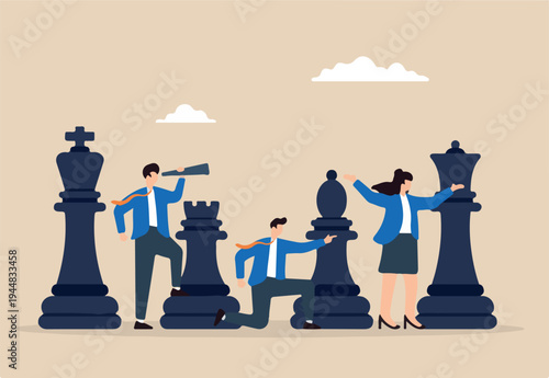 Flat illustration of business team using giant chess pieces corporate strategy to win competition planning leadership teamwork and decision making
