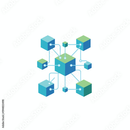 Isometric network of connected blue and green cubes on a white background