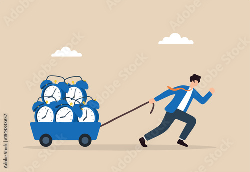 Flat illustration of frustrated businessman pulling heavy cart full of alarm clocks to represent deadline pressure and time burden
