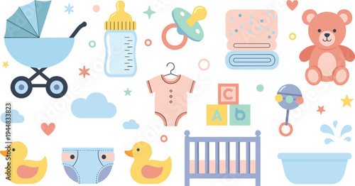 Baby Care and Nursery Items Vector Set Featuring Stroller, Baby Bottle, Pacifier, Teddy Bear, Crib, Toys, Duck and Infant Accessories.