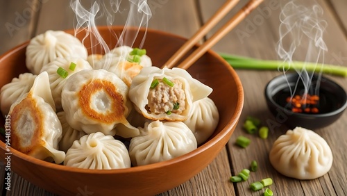 Steamed Dumplings with Dipping Sauce and Chopsticks.