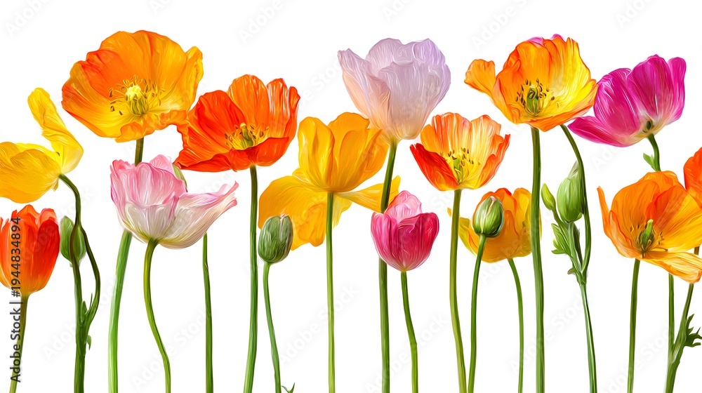 Fototapeta premium Vibrant Assortment of California Poppies in Full Bloom Against a White Background.