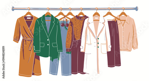 Set of 7 clothing icons vector, fashion garments on hangers