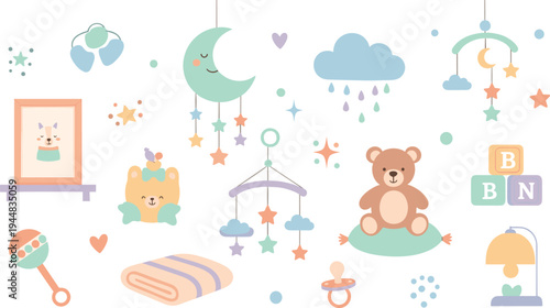 Cute Baby Nursery Elements Vector Set Featuring Teddy Bear, Moon, Clouds, Rattle, Pacifier, Alphabet Blocks and Infant Room Decoration Items.