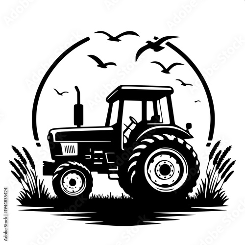 "combine harvester silhouette vector, black solid shape farming machine, side view agricultural harvester with cutting header and grain auger, farmer inside cabin, high contrast black on white backgro