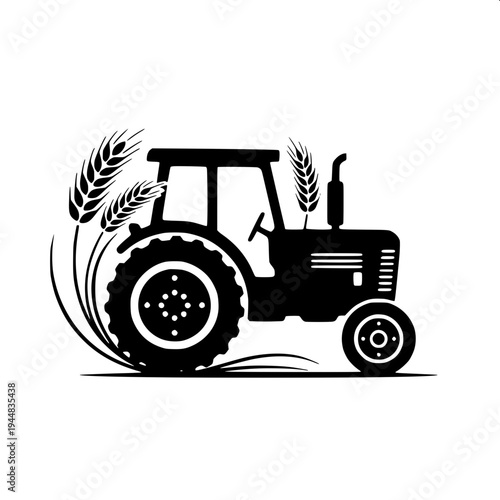"combine harvester silhouette vector, black solid shape farming machine, side view agricultural harvester with cutting header and grain auger, farmer inside cabin, high contrast black on white backgro