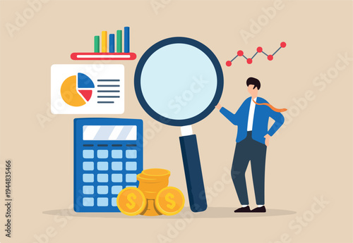 Flat illustration of businessman using magnifier to plan budget with calculator coin and chart symbolizing financial management
