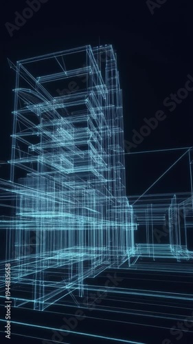 Futuristic cityscape with wireframe buildings.