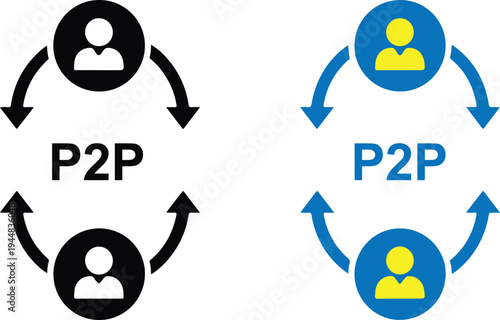 A vector graphic illustrating a peer to peer P2P network with two users connected by circular arrows, signifying direct interaction