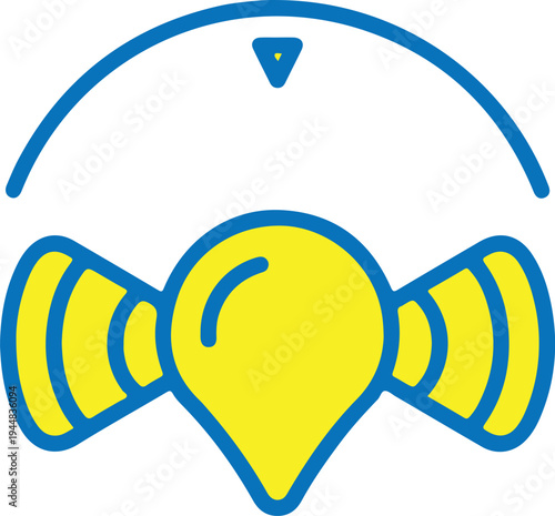 abstract blue and yellow shape resembling a location marker with sound waves emanating, representing navigation or signal transmission