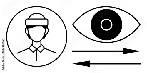 Virtual reality, eye-tracking, technology interfaces, augmented reality, digital innovation, user experience. Outline of a person with VR headset and eye symbol. Virtual reality and eye-tracking