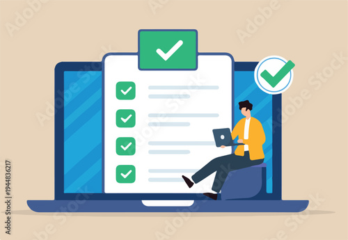 Flat illustration of remote worker complete business checklist on online digital platform