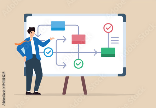 Flat illustration of businessman leader present workflow and procedure on board outlining steps to finish project.