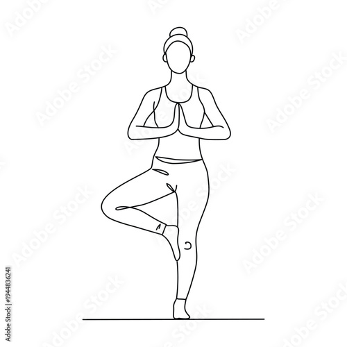Woman in Tree Yoga Pose Balance and Harmony Line Art Illustration