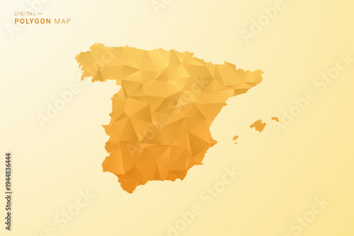 Spain Map - Polygon style vector illustration in yellow and orange low poly geometric design, modern minimal silhouette, isolated for infographic.