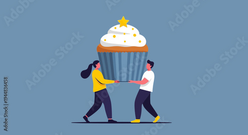 Man and woman carrying large cupcake.