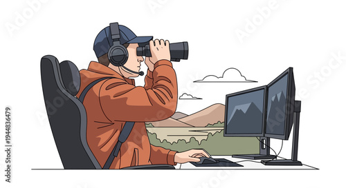 Man wearing headset and looking through binoculars.
