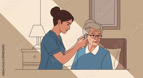 Nurse assisting senior with hearing aid.