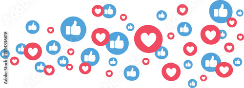 Social media like and heart icons floating a vibrant pattern for engagement and feedback on digital platforms