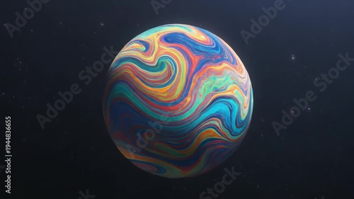A colorful, swirling sphere with shades of blue, orange, yellow, and green against a dark background with small white dots