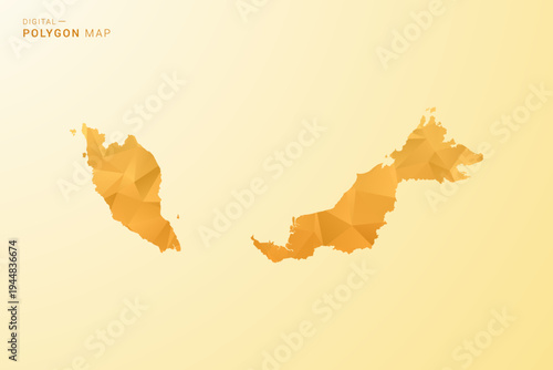 Malaysia Map - Polygon style vector illustration in yellow and orange low poly geometric design, modern minimal silhouette, isolated for infographic.
