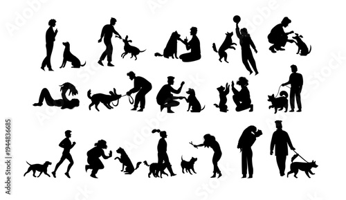 A collection of black silhouettes depicting people and their dogs in various playful and affectionate poses.