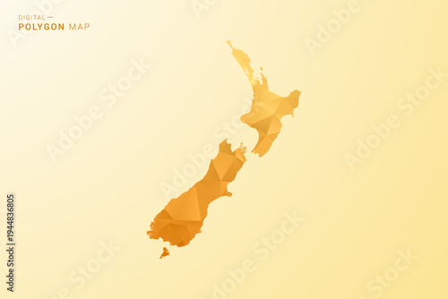 New Zealand Map - Polygon style vector illustration in yellow and orange low poly geometric design, modern minimal silhouette, isolated for infographic.