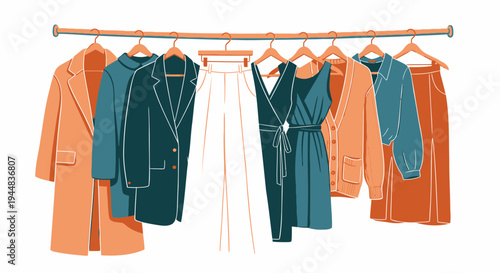 Set of 7 clothing items on hangers vector