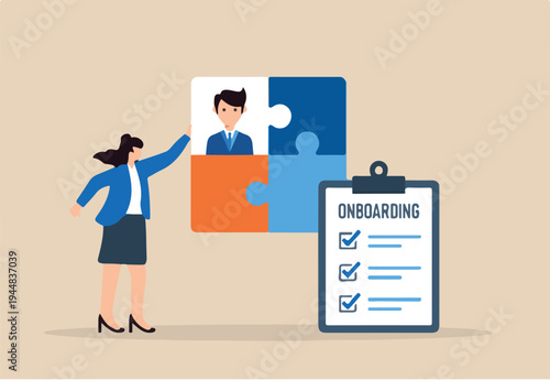 Flat illustration of human resource manager fitting candidate puzzle piece into team structure with onboarding checklist for recruitment process and new hire integration