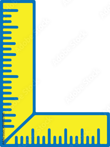 Yellow corner ruler tool icon with blue border showing metric and imperial measuring scales for engineering design and construction projects