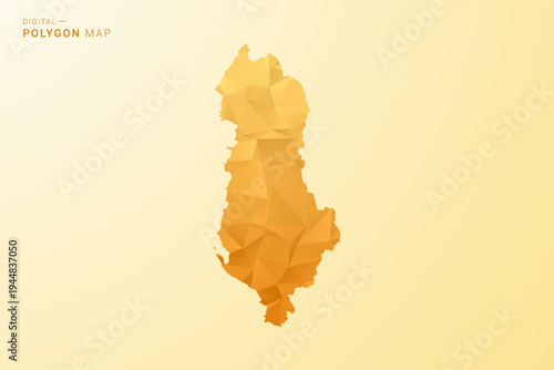 Albania Map - Polygon style vector illustration in yellow and orange low poly geometric design, modern minimal silhouette, isolated for infographic.