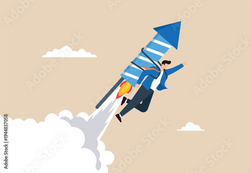 Flat illustration of businessman flying upward with rocket on back symbolizing fast business growth and ambitious career breakthrough.
