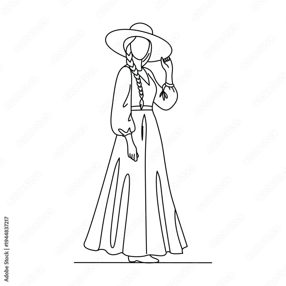 Fototapeta premium Elegant Woman in Long Puff Sleeve Dress and Hat Line Illustration