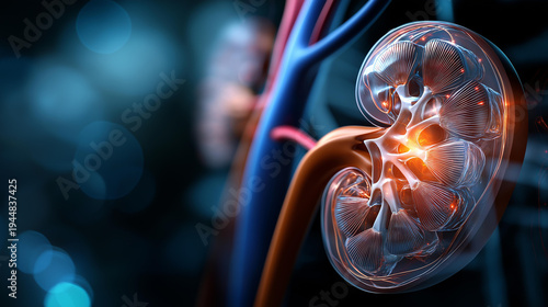3D medical illustration of a kidney stone inside the human body, defocused background, urological health concept, kidney stone visualization, with copy space