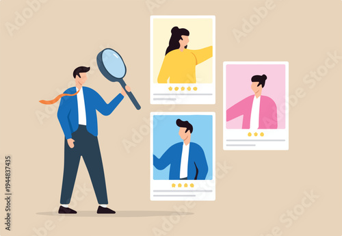 HR recruiter analyzing candidate with magnifying glass in flat design.