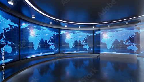 Futuristic Global News Studio With Digital World Map