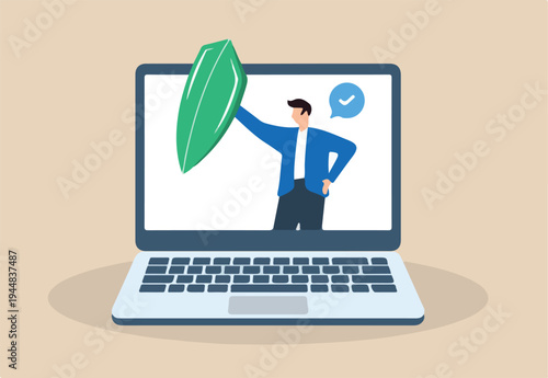 Flat illustration of man holds shield on computer laptop protecting against cyber security attack