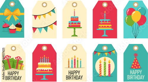 Birthday gift tag collection, colorful party labels, cake candles balloons illustration, festive celebration elements, happy birthday vector tag set