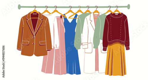 Set of 7 clothing items vector, fashion garments, hanging on a rack
