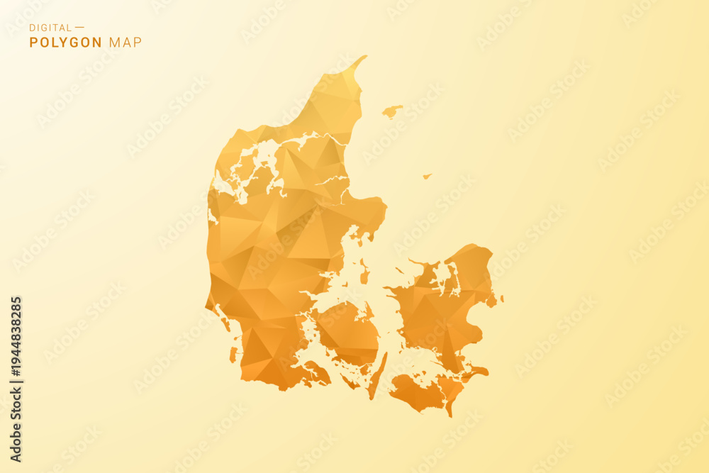 Obraz premium Denmark Map - Polygon style vector illustration in yellow and orange low poly geometric design, modern minimal silhouette, isolated for infographic.