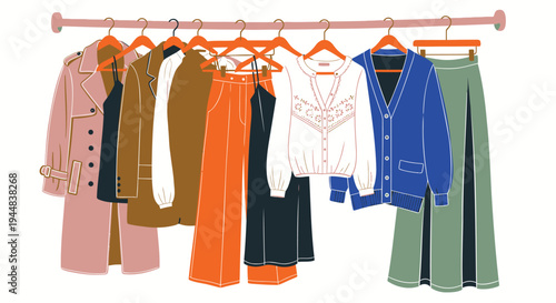 Set of 10 colorful clothing items on hangers vector