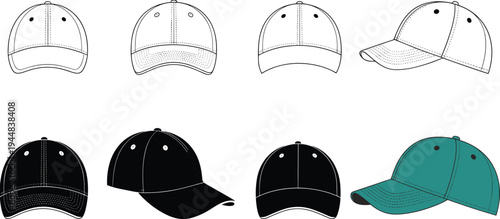 Baseball cap vector set, hat template collection with multiple angles, front side top views, editable headwear mockup illustration