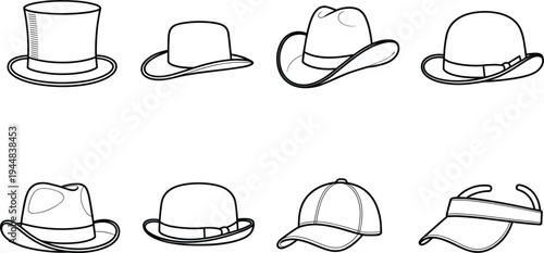 Hat collection vector illustration set with different styles including top hat, fedora, cowboy hat, baseball cap and visor outline
