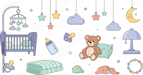 Cute Baby Nursery Room Elements Vector Set Featuring Crib, Teddy Bear, Pacifier, Baby Bottle, Moon, Stars Mobile and Infant Care Items.