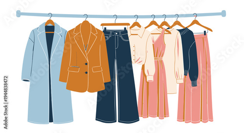 Set of 7 clothing items vector, fashion garments, hangers