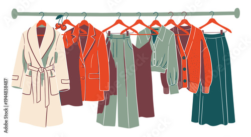 Set of 8 clothing items vector, fashion garments on hangers