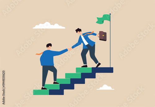 Flat illustration business leader help employee climb top stair with green flag symbolizing mentoring support achieving success