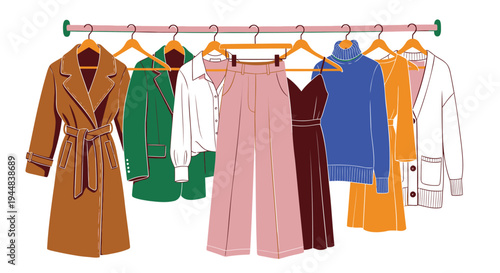 Set of 8 clothing items vector, fashion garments on hangers
