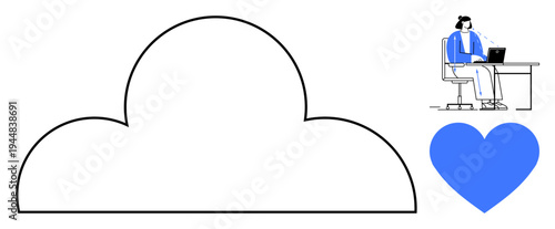 Cloud computing concept. Cloud shape technology infrastructure. Woman working on a laptop remote work. Blue heart icon for online communication and connection. For IT, remote work, online services